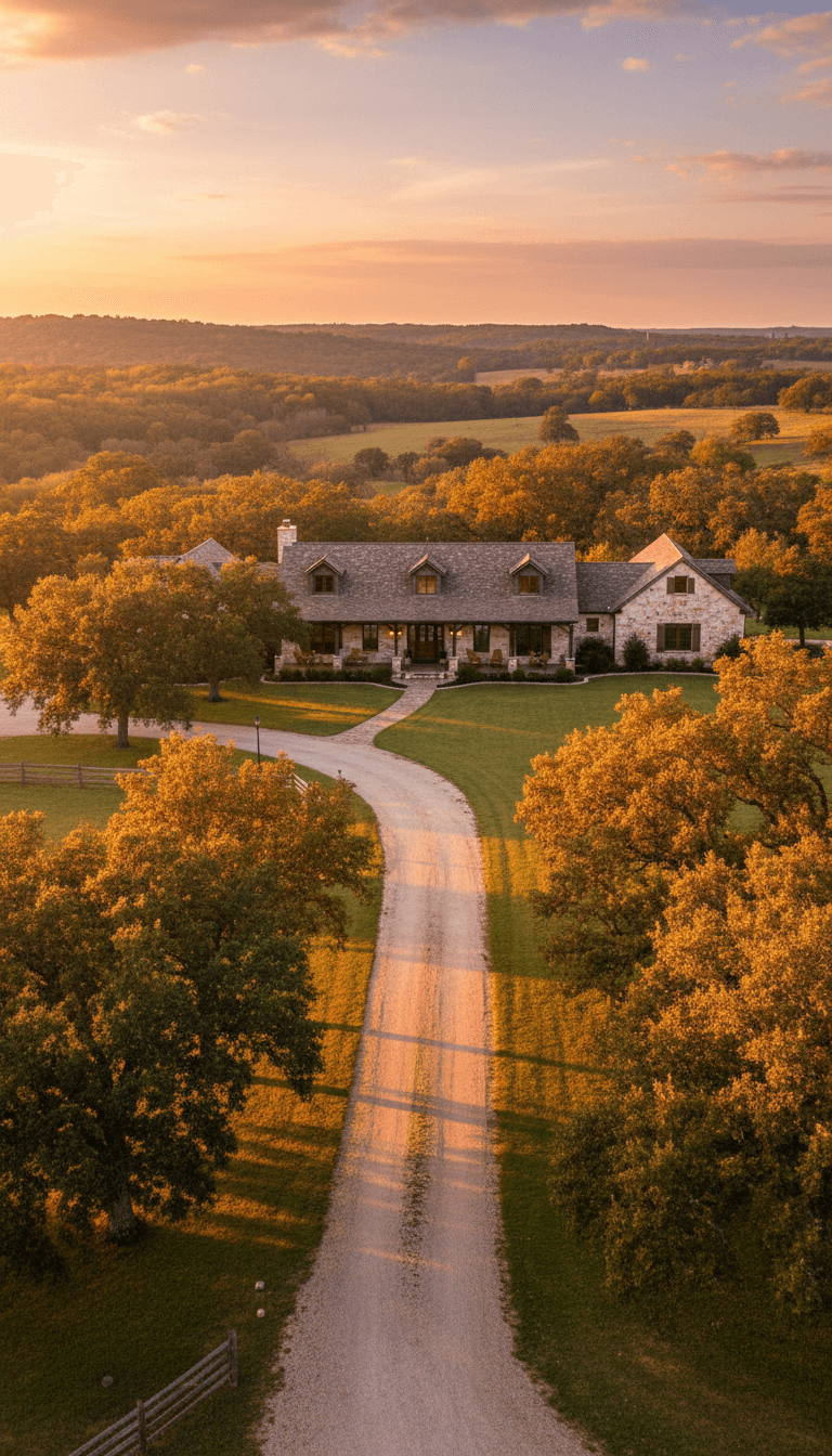 Sunset Ranch rancher home with a long driveway and surrounding trees