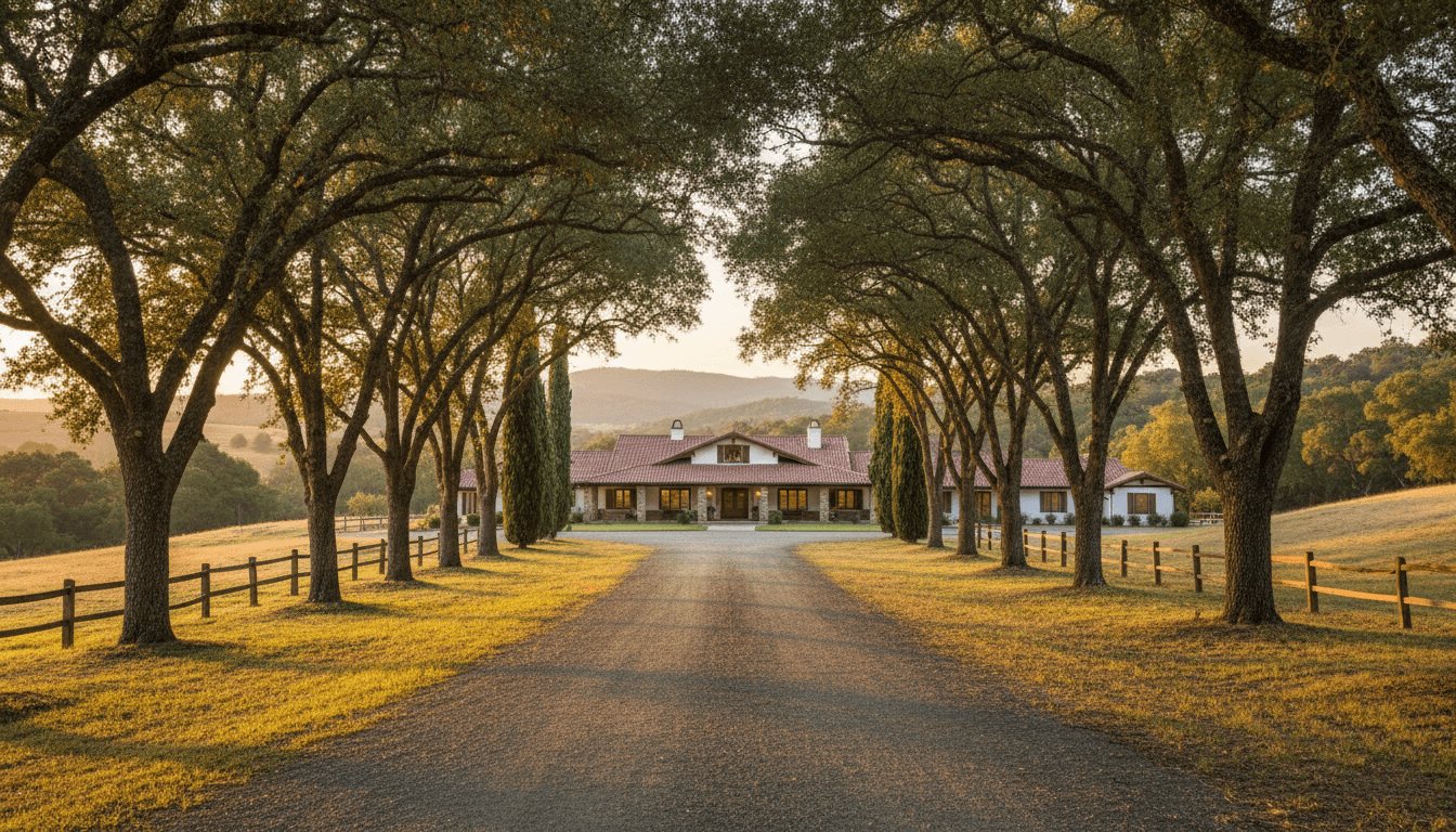 Wide view of the Sunset Ranch house with a long driveway and trees in warm light