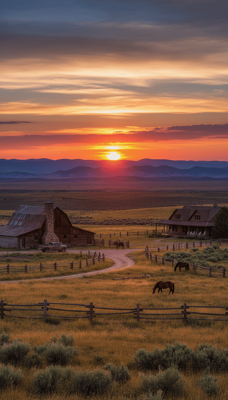 Sun setting over ridges near ranch