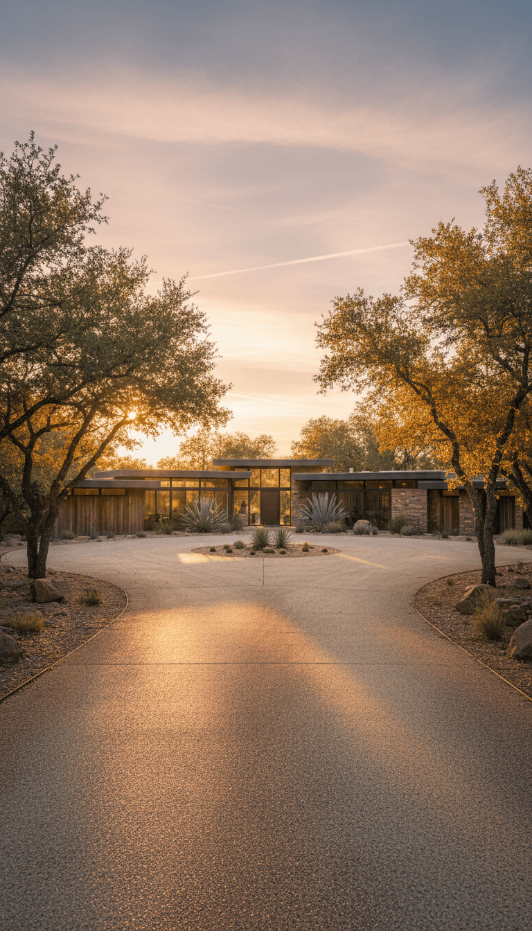 Ranch house with long driveway at sunset