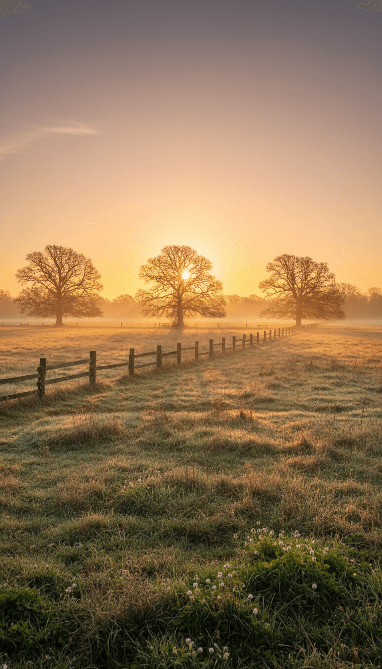 Open field at sunrise with fence line