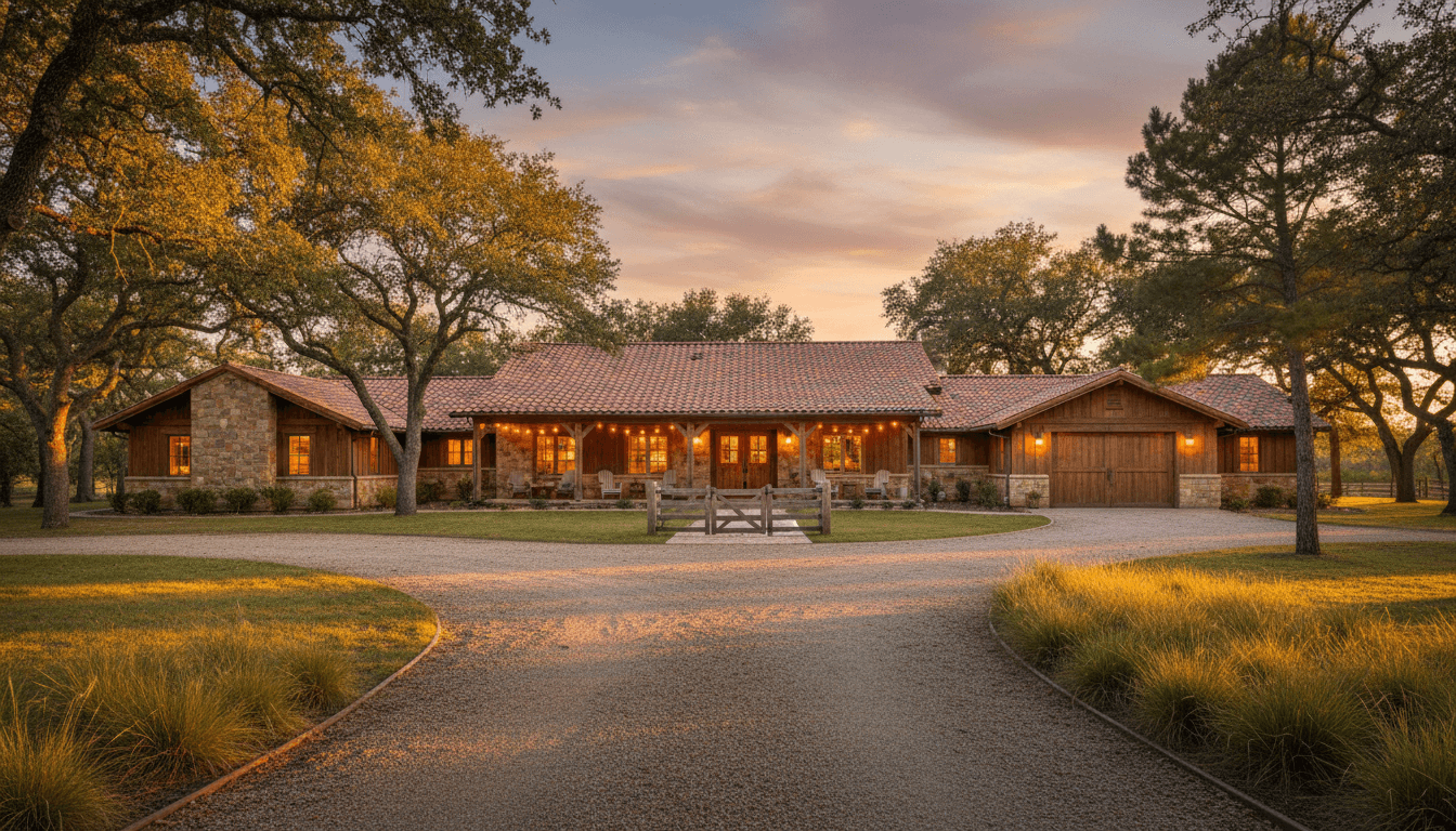 Sunset Ranch house at golden hour with trees and long driveway