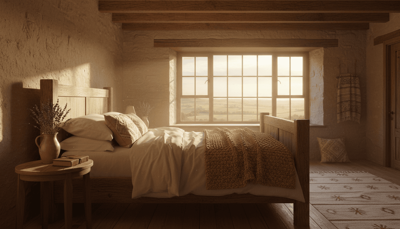 Bright bedroom with a large window overlooking the ranch grounds
